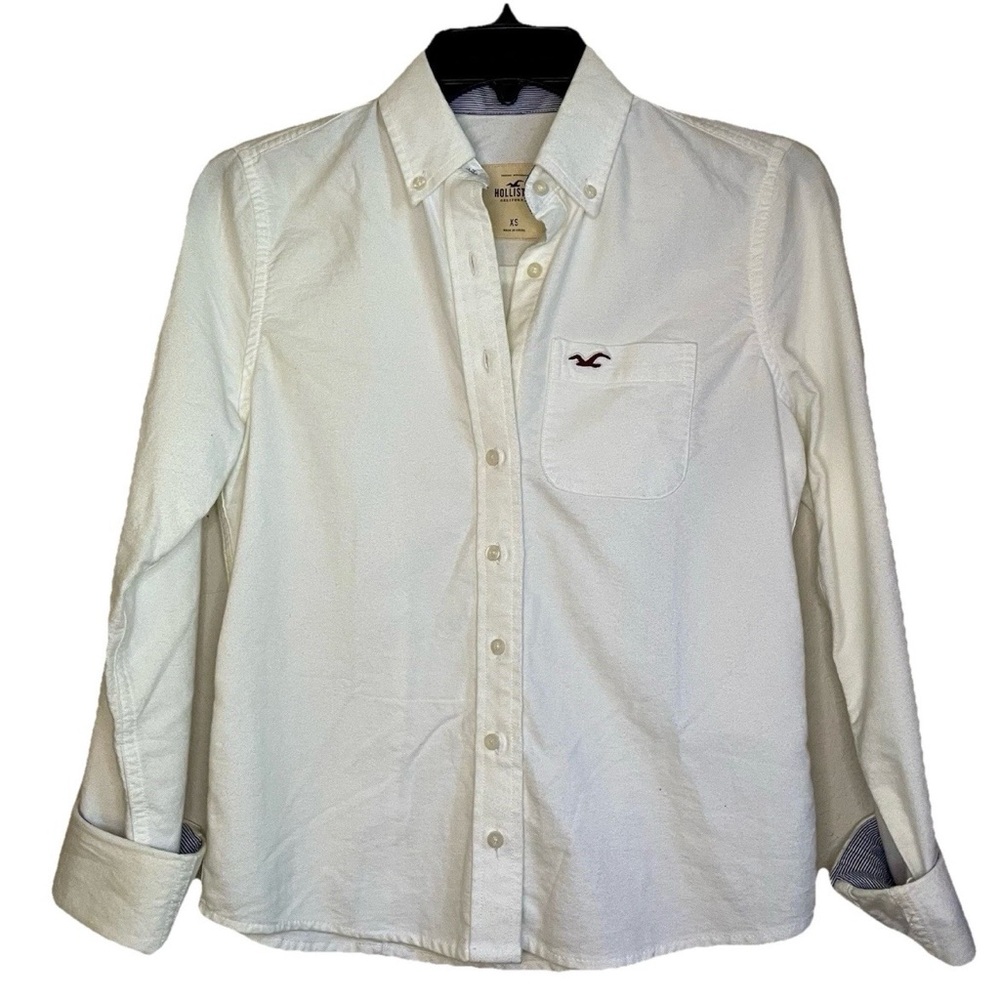 Hollister White Button Down Logo Shirt Women's Size XS 2000s Unisex Everyday